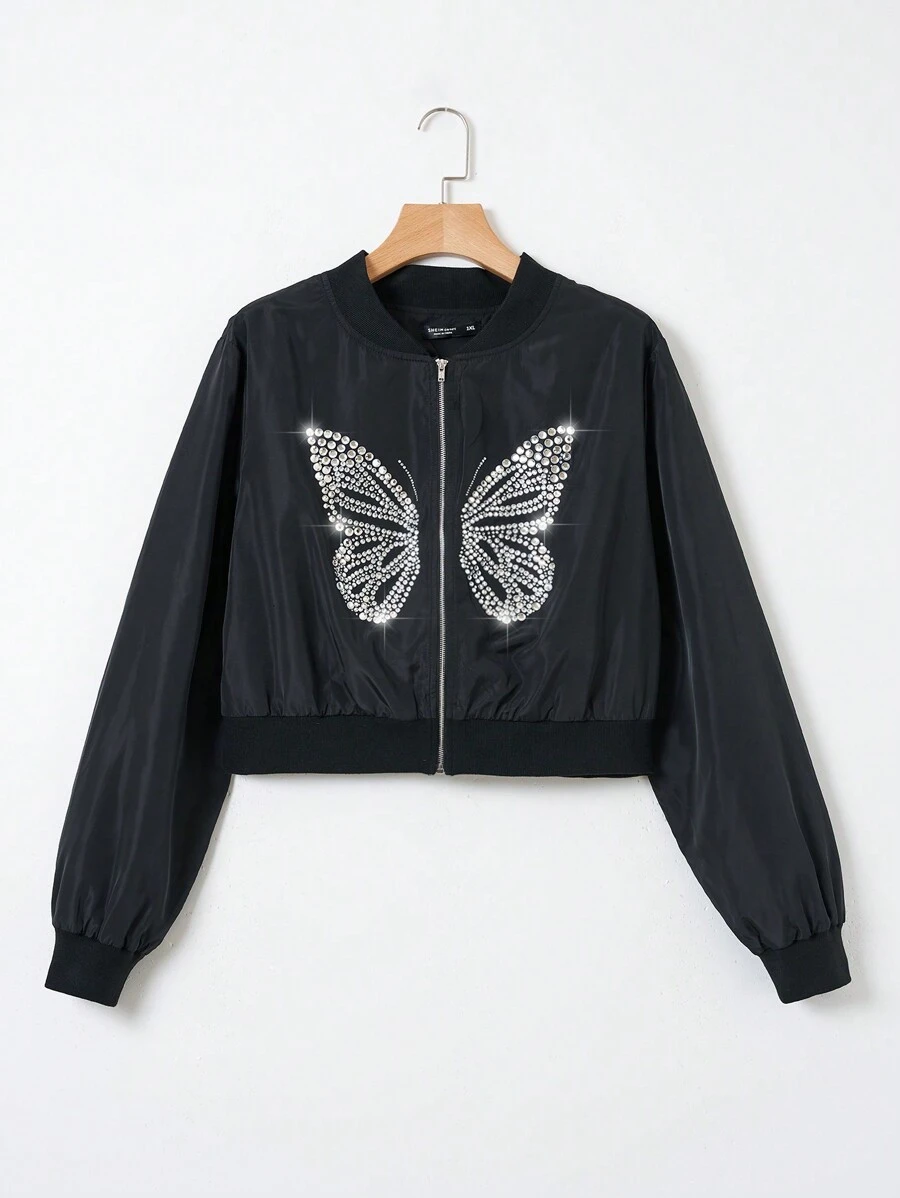 SHEIN EZwear 加大號鑲有螢石蝴蝶圖案的拉鍊飛行外套 - 黑色 - 查看 1