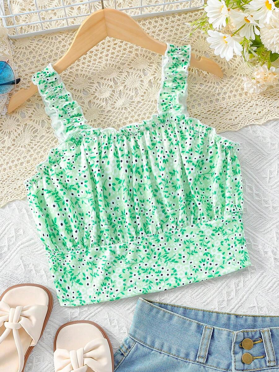 SHEIN Tween Girls' Printed Frill Edge Wide Strap Top