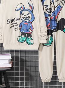 SHEIN Bộ áo nỉ và quần thể thao có mũ trùm đầu họa tiết thỏ hoạt hình thường ngày dành cho thiếu niên tuổi teen - Màu be - Xem 4