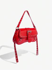 SHEIN X Lucía Bellido SHEIN SXY Ladies, Women Shoulder Bag, Hobo Bag, Fashionable, Personalized, Versatile, Cool, Street, Rivet, Tassels, Teenagers, Halloween, Christmas, Valentine's Day, Halloween Bags Perfect For Fancy Party Matching With Halloween Costumes, Best Christmas Gifts Ever - Red - View 3