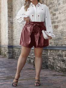 SHEIN Frenchy 女性加大號純色蝴蝶結裝飾寬鬆休閒短褲