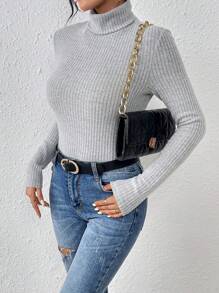 SHEIN Frenchy 女款純色下摺領肋狀t恤 - 灰色 - 查看 5