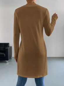 SHEIN Essnce 女士純色圓領分割式下擺長袖t恤 - 摩卡棕 - 查看 2