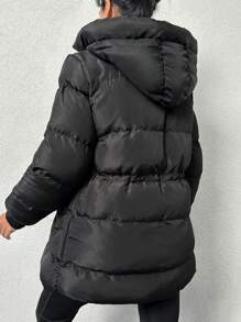 EURMUSE Women'S Drawstring Waist Hooded Padded Jacket - Black - View 2