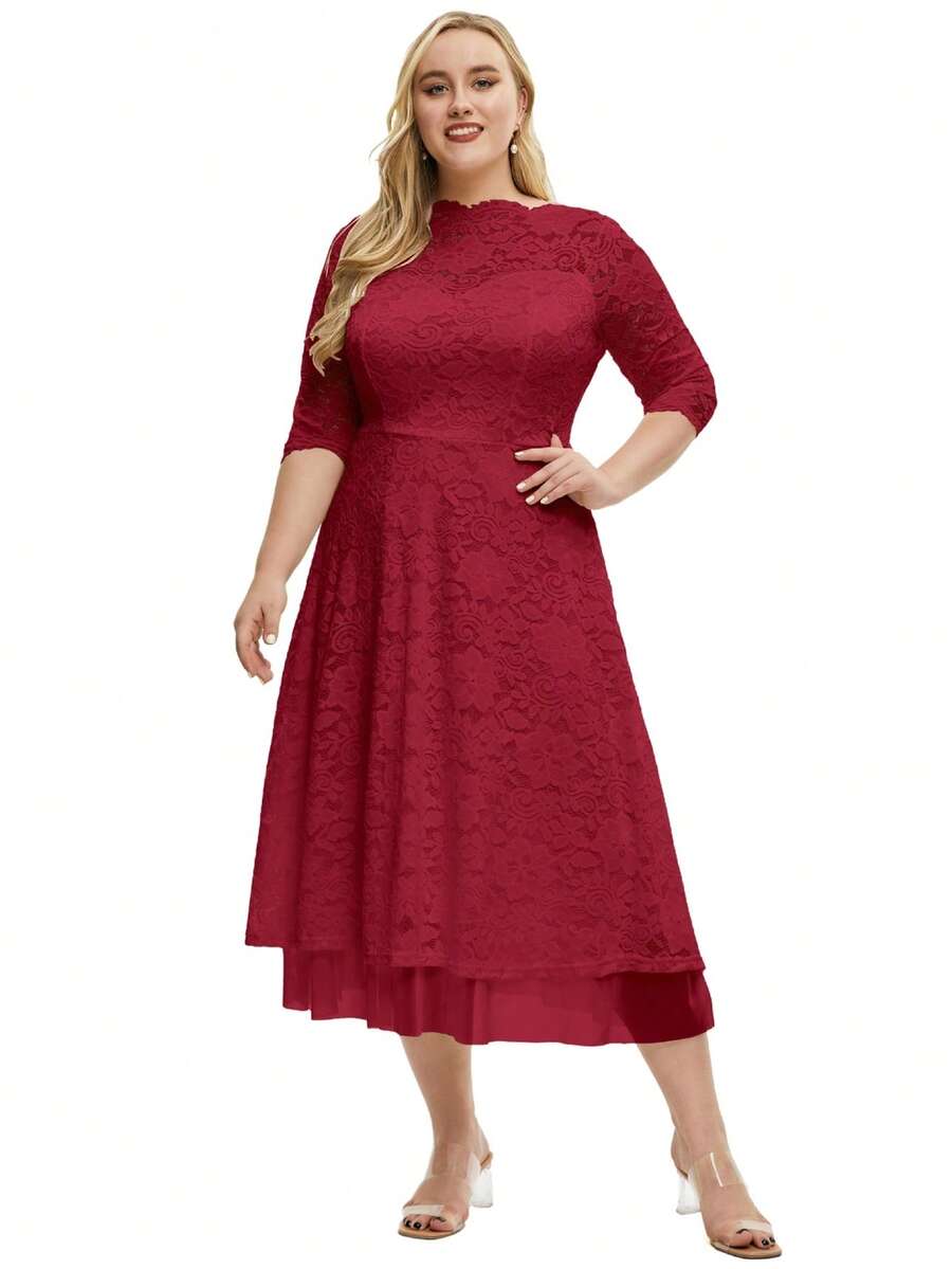 Plus Size Lace Bridesmaid Dress - Burgundy - View 1