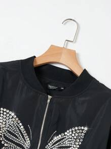 SHEIN EZwear 加大號鑲有螢石蝴蝶圖案的拉鍊飛行外套 - 黑色 - 查看 4