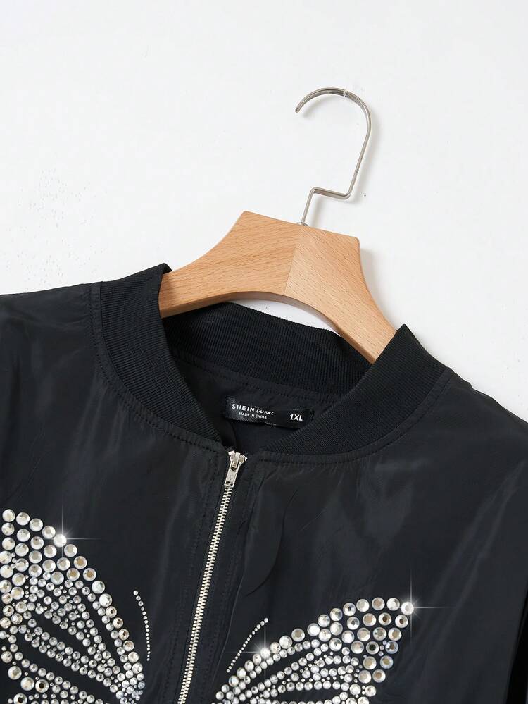 Plus Rhinestone Butterfly Pattern Zip Up Bomber Jacket