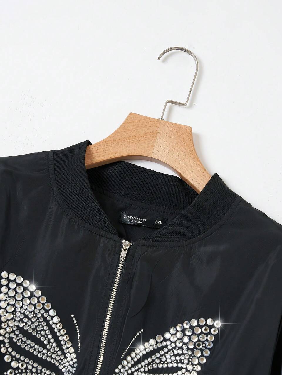 Plus Rhinestone Butterfly Pattern Zip Up Bomber Jacket