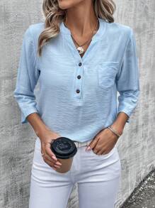 EMERY ROSE Camisa De Mujer De Manga Larga Con Botones, De Color Sólido Y Simple - Azul - Ver 1