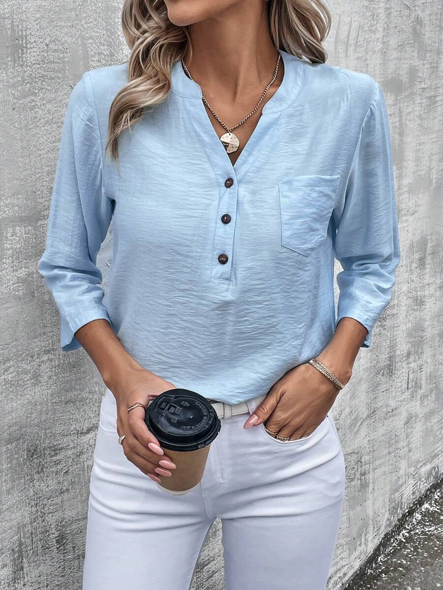 EMERY ROSE Camisa De Mujer De Manga Larga Con Botones, De Color Sólido Y Simple - Azul - Ver 1