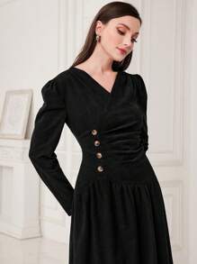 Modelyn 女用褶皺泡泡袖連身裙 - 黑色 - 查看 5