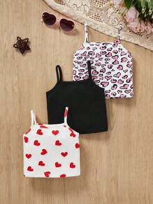 SHEIN Baby Girls' Casual Cute Heart Patterned Tank Top Set, 3pcs For Valentine's Day
