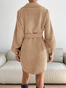 SHEIN Essnce Holiday Dress Corduroy Mini Christmas Women Dress Women's Casual Front Button Short Dress, Autumn/Winter - Khaki - View 2