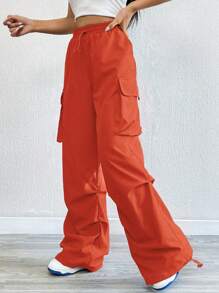 SHEIN Coolane Pantalón De Pierna Ancha Con Bolsillo De Solapa Y Cintura Con Cordón Para Uso En Actividades Al Aire Libre - Naranja - Ver 3