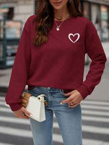 SHEIN LUNE Của phụ nữ In Trái tim Thả vai Áo nỉ - Màu Đỏ Sâu - Xem 3