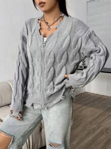 Flirla Damski Jednolity Oversized Zamek z przodu Rozpinane Swetry Z Opuszczane ramiona