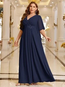 SHEIN Belle Vestido de dama de honor de talla grande con cuello en V bordado de unicolor con cintura, elegante vestido formal para fiesta de noche, boda, graduación, cena o fiesta