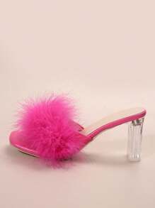 Summer New Arrival Peach Red High Heels, Chunky Heels, Sexy Clear Crystal Fluffy Slides, Wearable Fashionable Sandals With Open Toe - Hot Pink - View 4