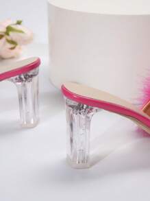 Summer New Arrival Peach Red High Heels, Chunky Heels, Sexy Clear Crystal Fluffy Slides, Wearable Fashionable Sandals With Open Toe - Hot Pink - View 5
