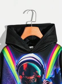 SHEIN Conjunto Informal Para Niños Sudadera Con Capucha Y Pantalones De Punto Con Elementos Espaciales Impresos