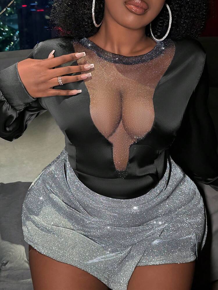 Women's Fashionable Sparkly V-neck Mesh Spliced Shirt With Sequins