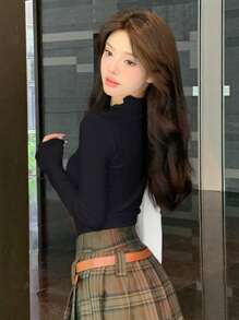 DAZY Áo thun cổ viền bèo màu trơn dành cho nữ, quần áo mùa thu dài tay dành cho nữ - màu đen - Xem 5