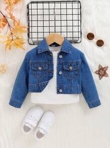 SHEIN Em bé Cô gái Áo khoác denim Với Flap túi ( 1 Miếng ) - Rửa trung bình - Xem 1