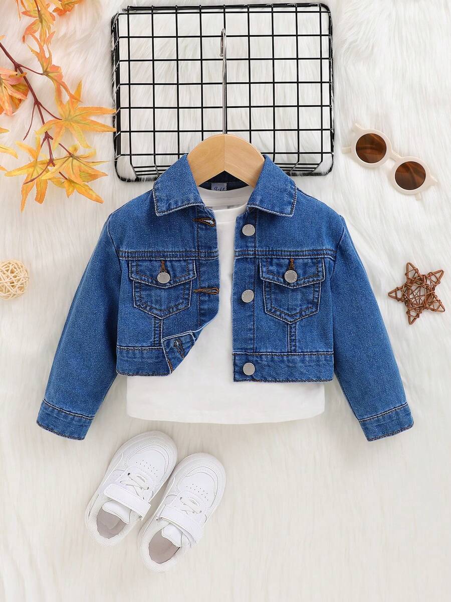 SHEIN Em bé Cô gái Áo khoác denim Với Flap túi ( 1 Miếng ) - Rửa trung bình - Xem 1