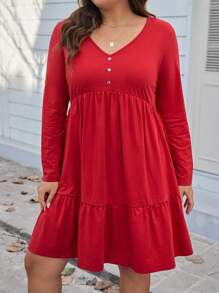 SHEIN LUNE Plus Size V-neck Ruffled Long-sleeve Dress