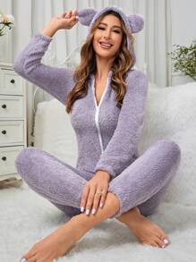 Mono De Pijama De Felpa Bordado Con Gato Para Mujer - Morado - Ver 5