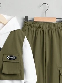 SHEIN Cậu bé Tween Lá thư In 2 trong1 Áo nỉ có mũ Và Quần Bộ - xanh quân đội - Xem 4