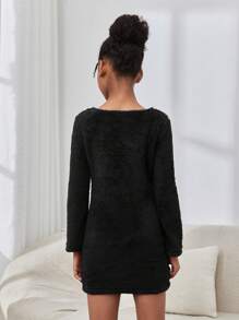 SHEIN Cô gái Tween Đường phố Mát mẻ Cổ vuông Tay áo dài Đầm - màu đen - Xem 2