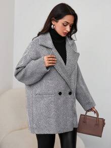 RueChic Herringbone Print Drop Shoulder Overcoat - Black and White - View 4
