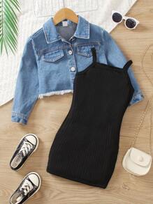 SHEIN 少女翻領細節鈕扣丹寧外套,不整齊的下擺和實心肋條肩帶裙子套裝 - 黑色 - 查看 1