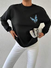 EURMUSE 女士蝴蝶印花運動衫,背面設計 - 黑色 - 查看 5