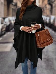 SHEIN Clasi Quý cô Tay áo dài Cổ cao Áo len - màu đen - Xem 5