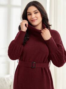 Mulvari Plus Size High Collar Lantern Sleeve Belted Sweater Dress - Burgundy - View 3