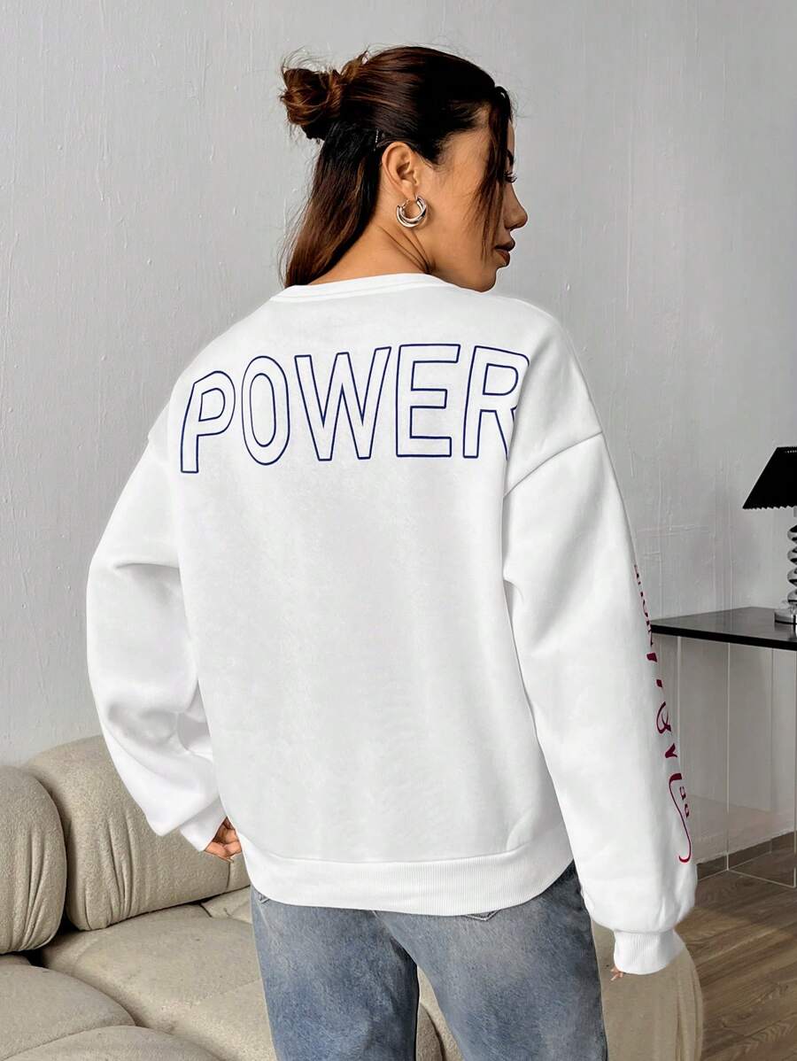 SHEIN Unity Của phụ nữ Lá thư In Vòng cổ Thả vai Áo nỉ - trắng - Xem 1