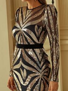 Cut Out Back Mermaid Hem Contrast Sequin Formal Dress Elegant Long Sleeve Prom Evening Wedding Guest Gown, For Graduation, Dinner Party Dress
