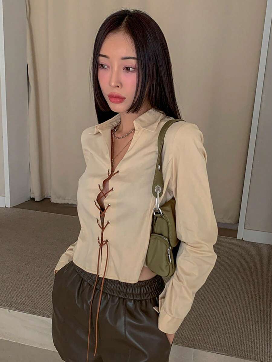 DAZY 女士正面包覆領口綁帶襯衫 - 杏色 - 查看 1