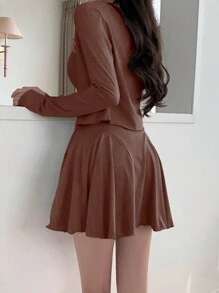 DAZY Lace Trim Cami Dress And Jacket Two Piece Set,Ruffle - Brown - View 2