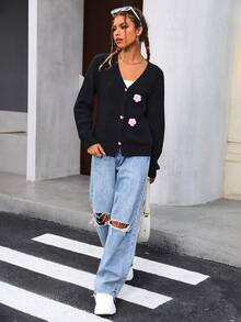 SHEIN Essnce Hình trái tim Vá lại Giải trí Áo len Mở - màu đen - Xem 4