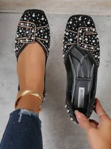 2023 New Arrival Elegant Pearl & Rhinestone Decor Slip-On Flat Shoes For Women With Low Vamp & Square Toe And Soft Sole, Ideal For Spring, Autumn - Black - View 1