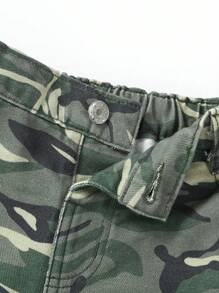 Calça Jeans Retas Cargo de Cintura Elástica Camuflagem Urbana de Rua Y2K para Jovens com Bolsos Lisos