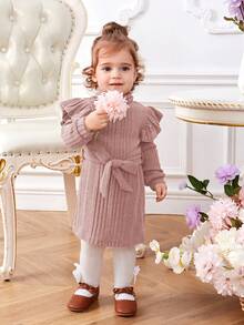 SHEIN Đầm len cổ lọ tay ngắn màu trơn giản dị cho bé gái kèm thắt lưng - Hồng - Xem 6