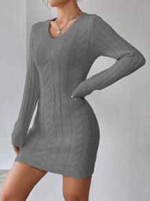 SHEIN Unity Tight And Versatile V-neck Cable Knit Sweater Dress - Grey - View 4