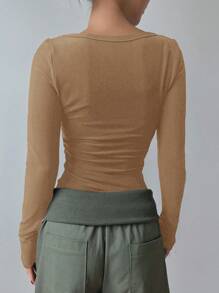 DAZY 女士純色修身保暖長袖t恤 - 芥末黃 - 查看 4