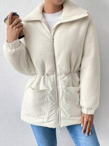 Chiquease Elegant Fur Collar & Cinching Waist Padded Padded Coat Clothes Winter With Patchwork - Apricot - View 3