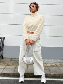 SHEIN EZwear Của phụ nữ Kích thước lớn Một nửa khóa kéo Sang trọng Áo nỉ - trắng - Xem 4