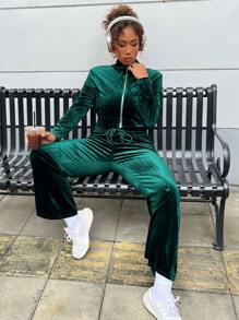 SHEIN EZwear Ladies' Plus Size Green Velvet Two-piece Set - Dark Green - View 1